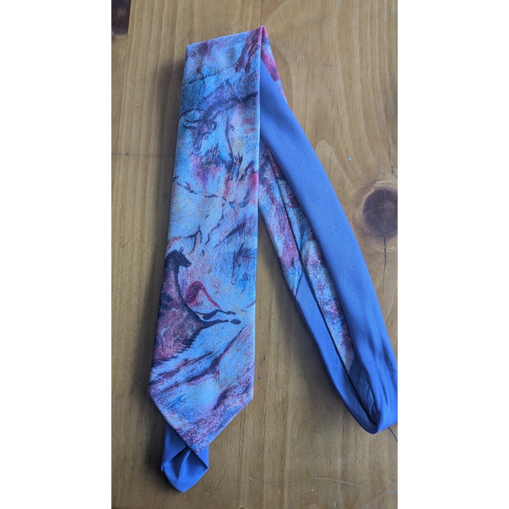 Vintage 1989 Ralph Marlin Cave Painting Horse Necktie Mens Blue Red Art Novelty